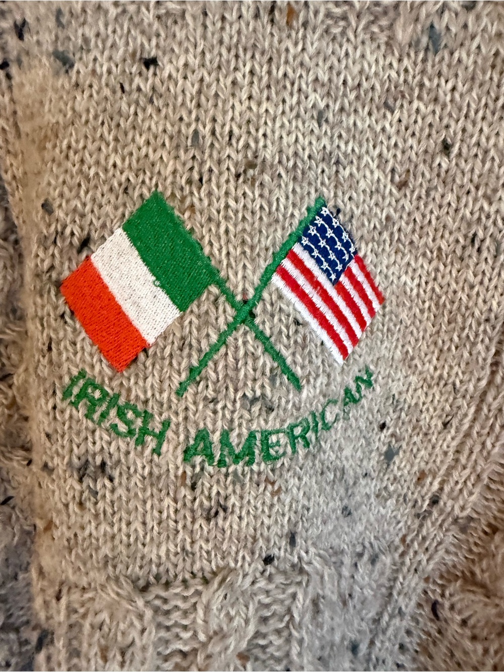 Carraig Donn Irish American Embroidered Cable Knit Sweater - Heather Taupe Color - Picture 2 of 6